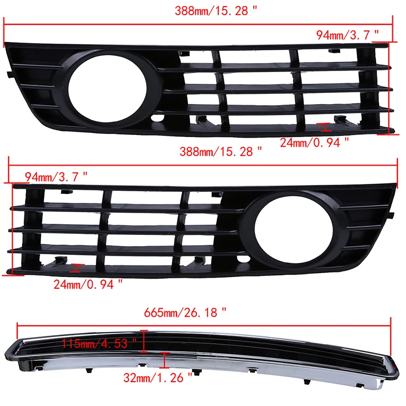 Car Center Fog Lights Grille Cover Front Lower Bumper Side Racing Grills for Audi A4 B6 Sedan 2002 2003 2004 Auto Exterior Parts