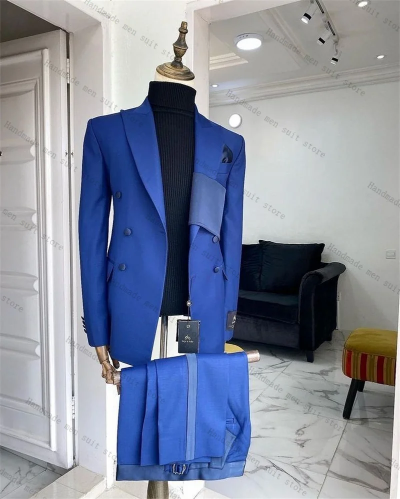 

Royal Blue Men Suit Set 2 Piece Stripe Blazer+Pants Wedding Tuxedos Coat Cotton Customized Formal Office Business Jacket