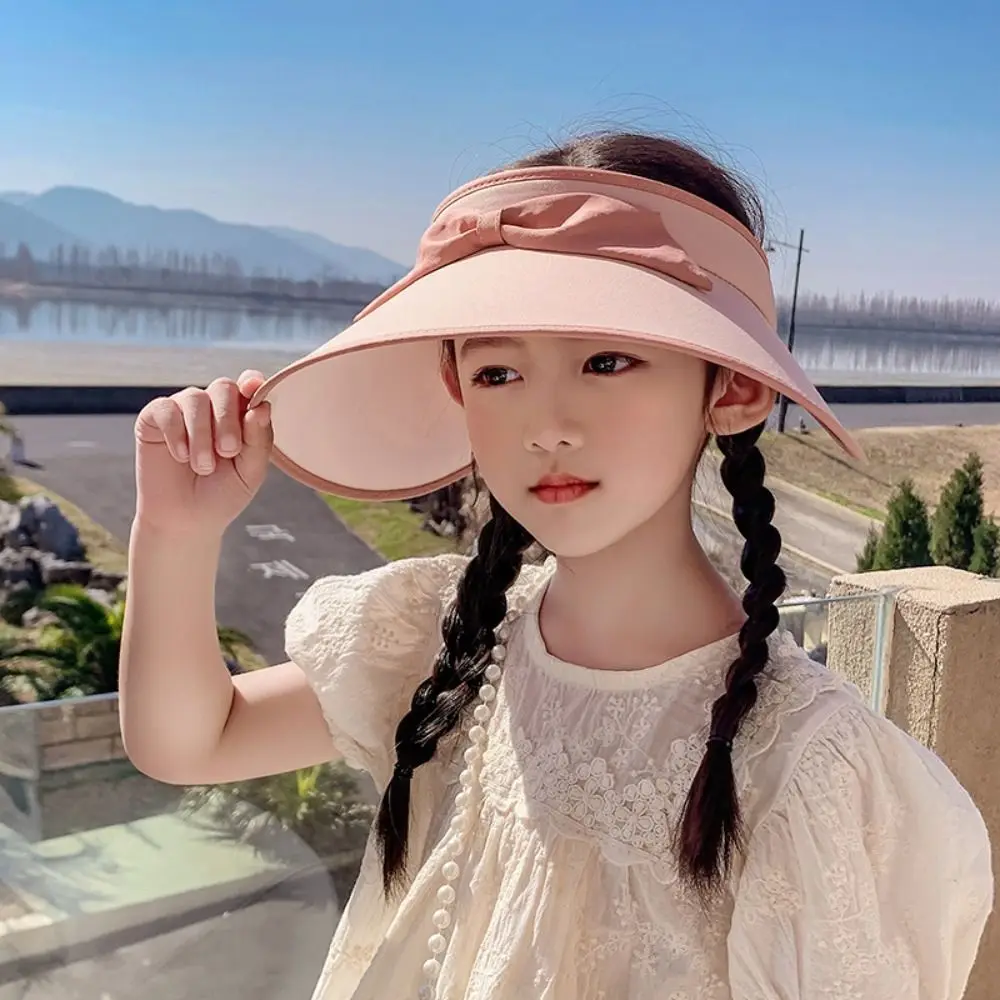 

Fashion Bowknot Kids Sun Protection Hat Empty Top Large Brimmed Visor Cap Anti-UV Adjustable Beach Hat Outdoor