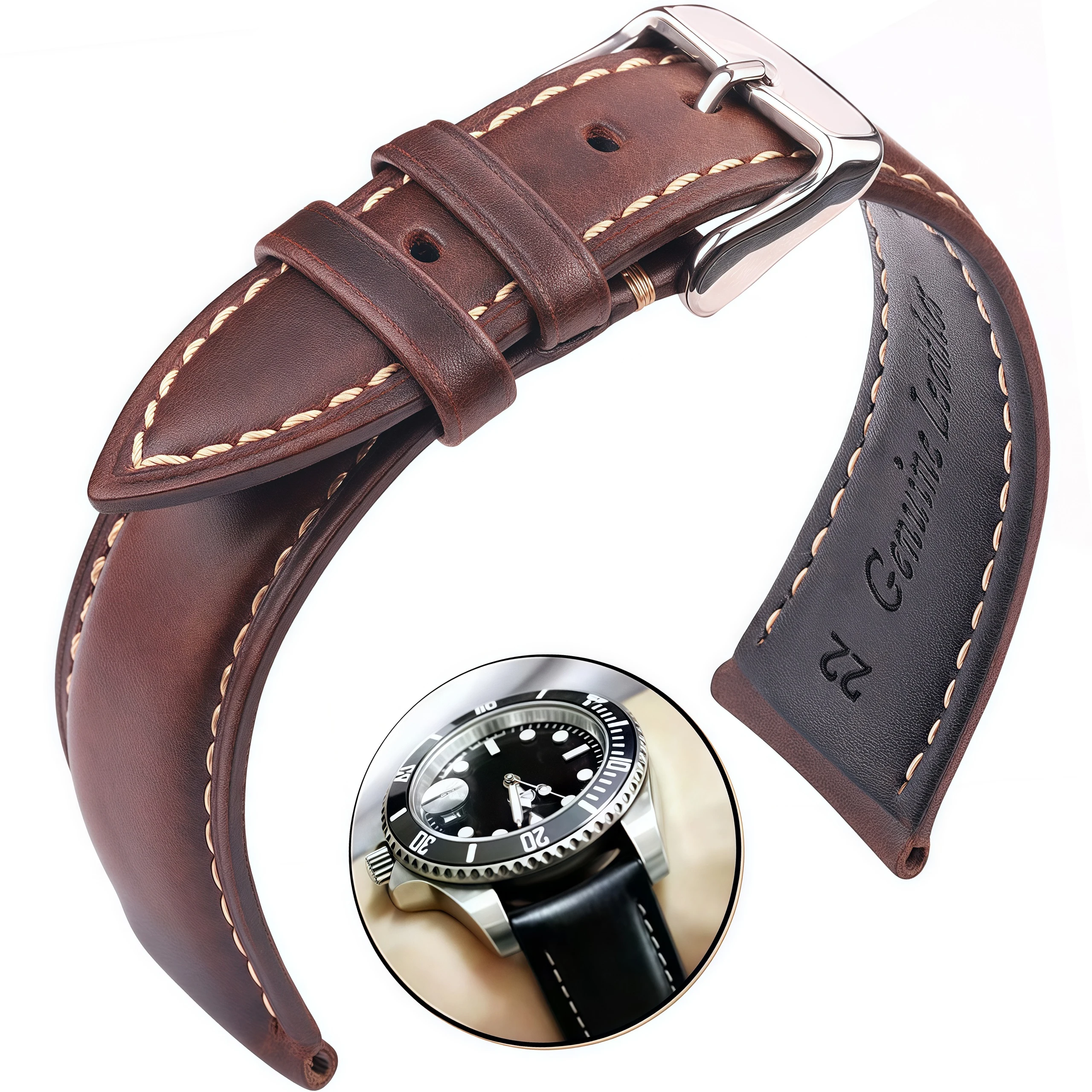 حزام ساعة كلاسيكي من الجلد الطبيعي 18/19/20/21/22/24 ملم حزام أسود بني داكن مع مشبك دبوس فولاذي