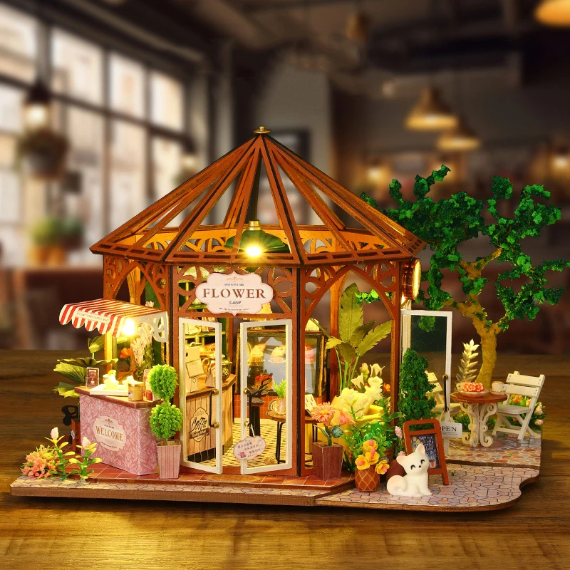 

DIY Wooden Doll House Flower Coffee Casa Miniature Building Kits Dollhouse With Furniture Lights Villa for Girls Birthday Gifts