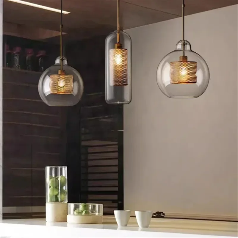 Minimalist Designer Retro Pendant Lamp Loft Restaurant Living Room Bar Bedroom Iron Mesh Glass Ball Chandelier Home Decor Light