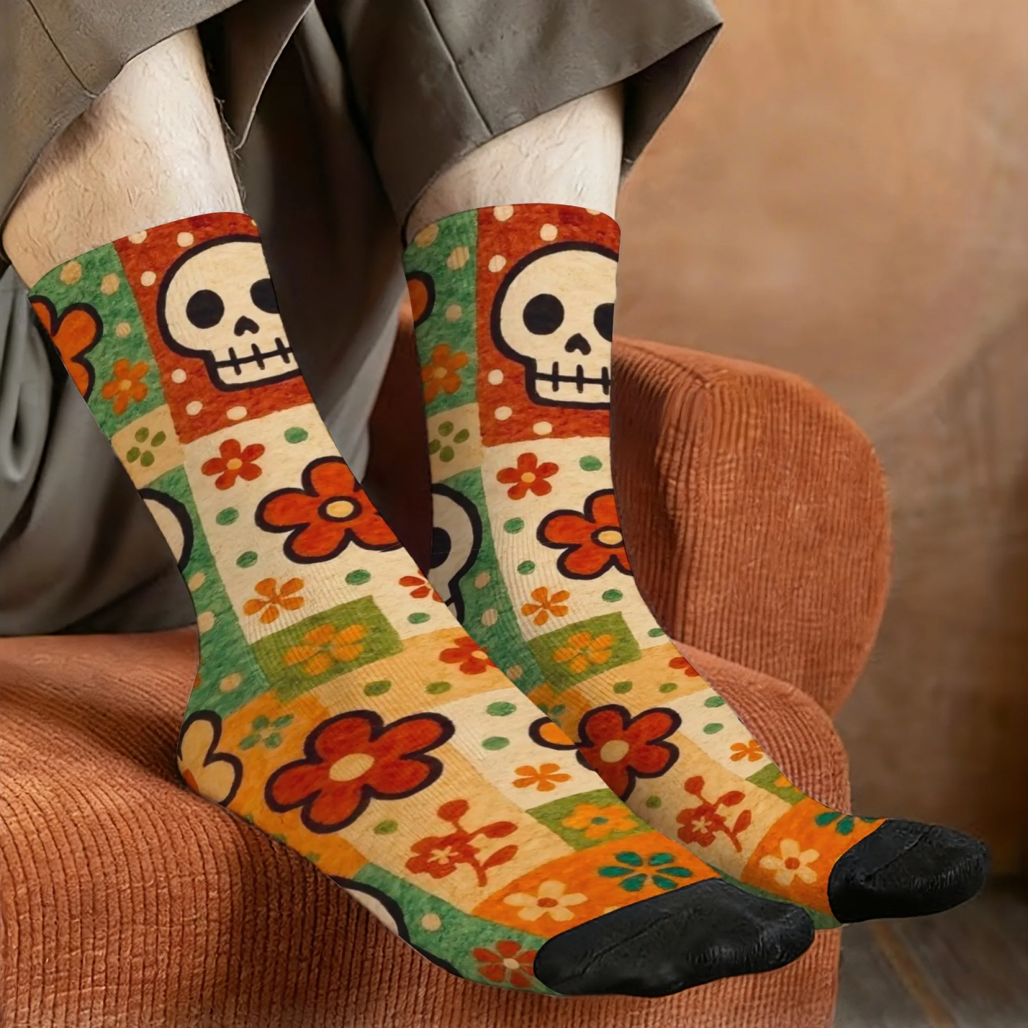 Retro patchwork ghost flower skull print men's socks, novel, comfortable, breathable, non-slip socks, fun gift for crazy parties