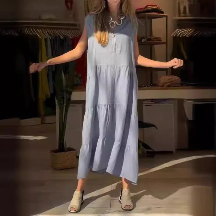 Dresses Women Solid Loose V Neck Sleeveless Long Dress Button A Line Casual Vestidos Elegant Lady Simple Slight Strech Summer
