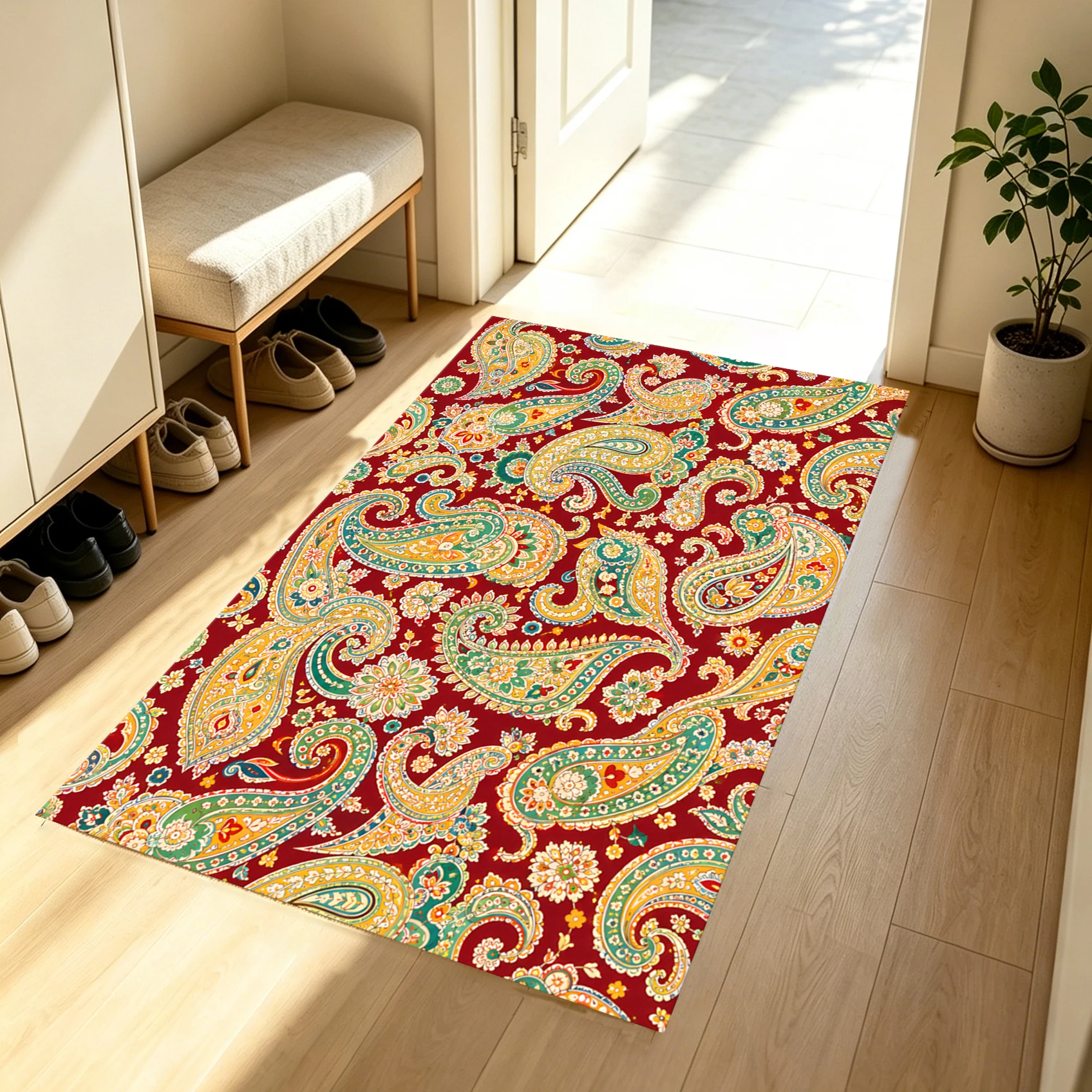 2D Large Rug with Red Background, Paisley and Cashew Pattern, Exotic Ethnic Style, Suitable for Living Room and Bedroom, One-Click Renovation for Autumn and Winter Decoration