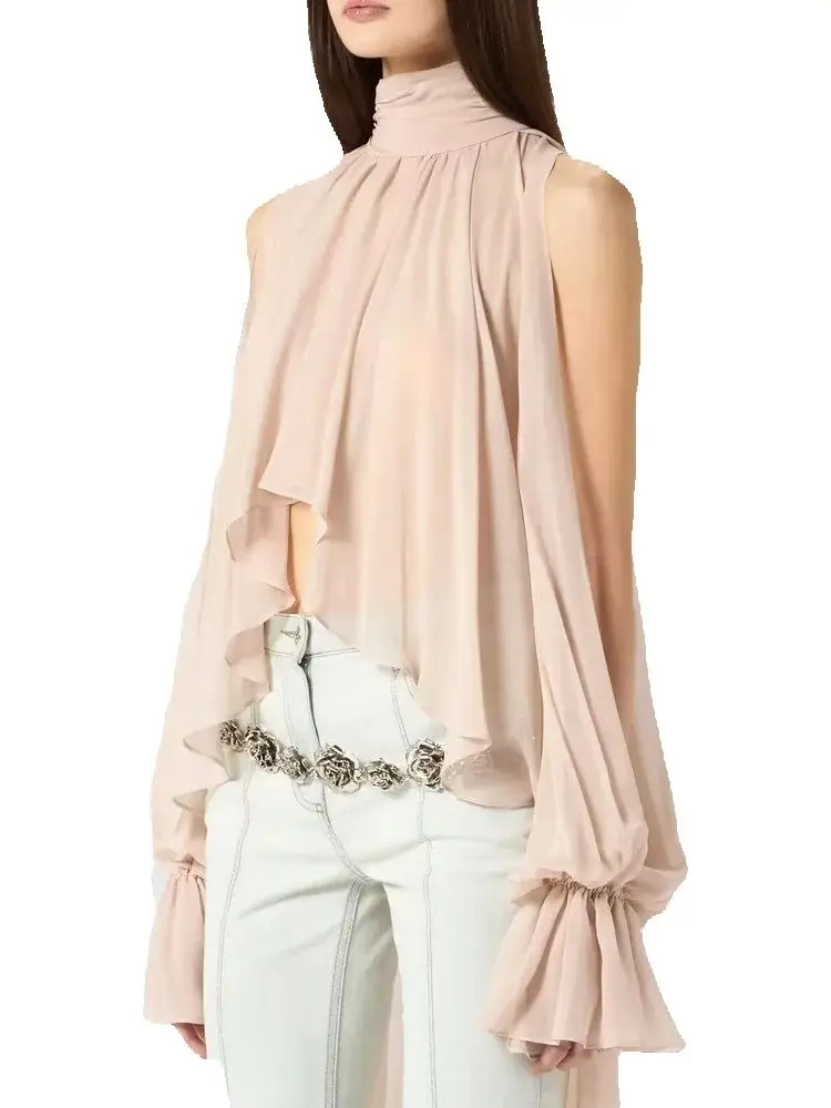 

2025 New Summer Women's High Street Translucent Flare Sleeve Ruffles Tierred Shirts Lady Casual Elegant Chiffon Layered Blouses