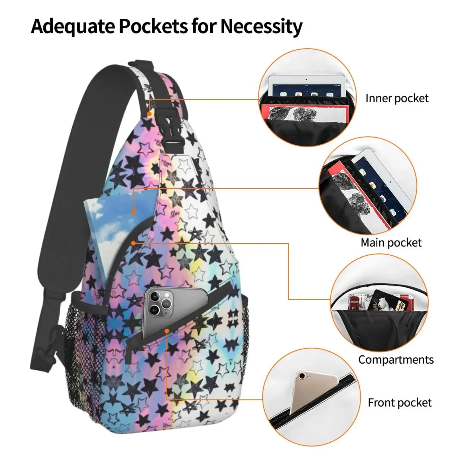 Gradual Color Star Sling Bag for Women Men Star Print Crossbody Shoulder Bags Casual Backpack Chest Bag Travel Hiking Outdoor