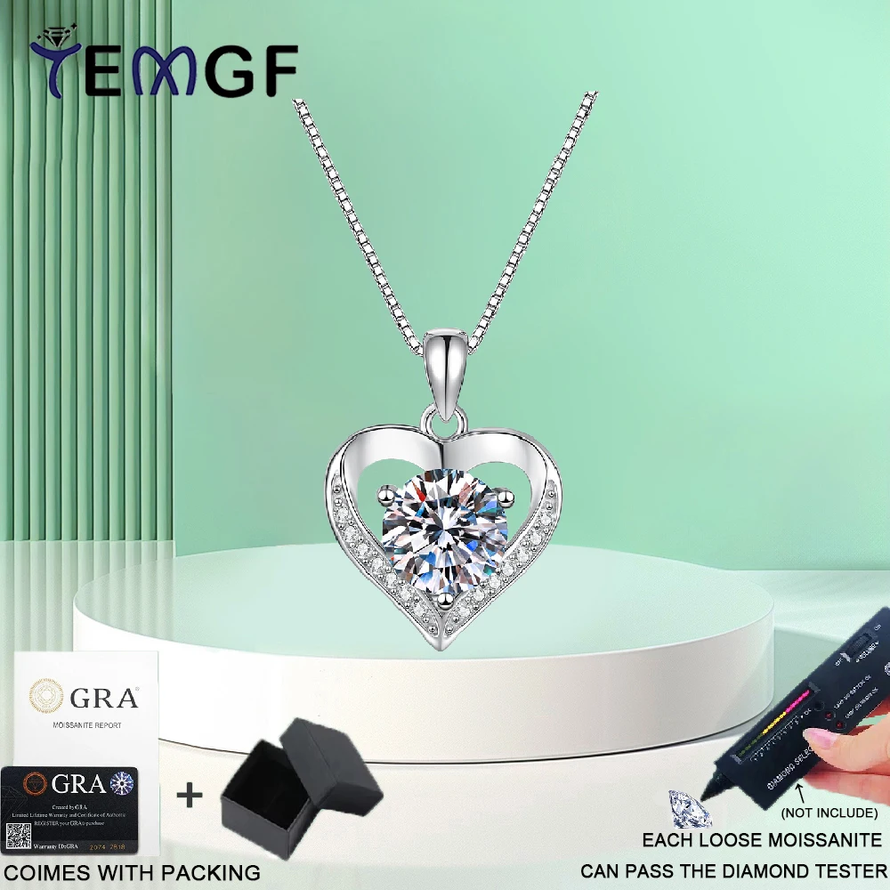 

TEMGF 6.5mm/8mm/9mm Moissanite Necklace Fine Heart Shaped Pendant for Women S925 Silver Box Chain Couple Love Jewelry Romantic