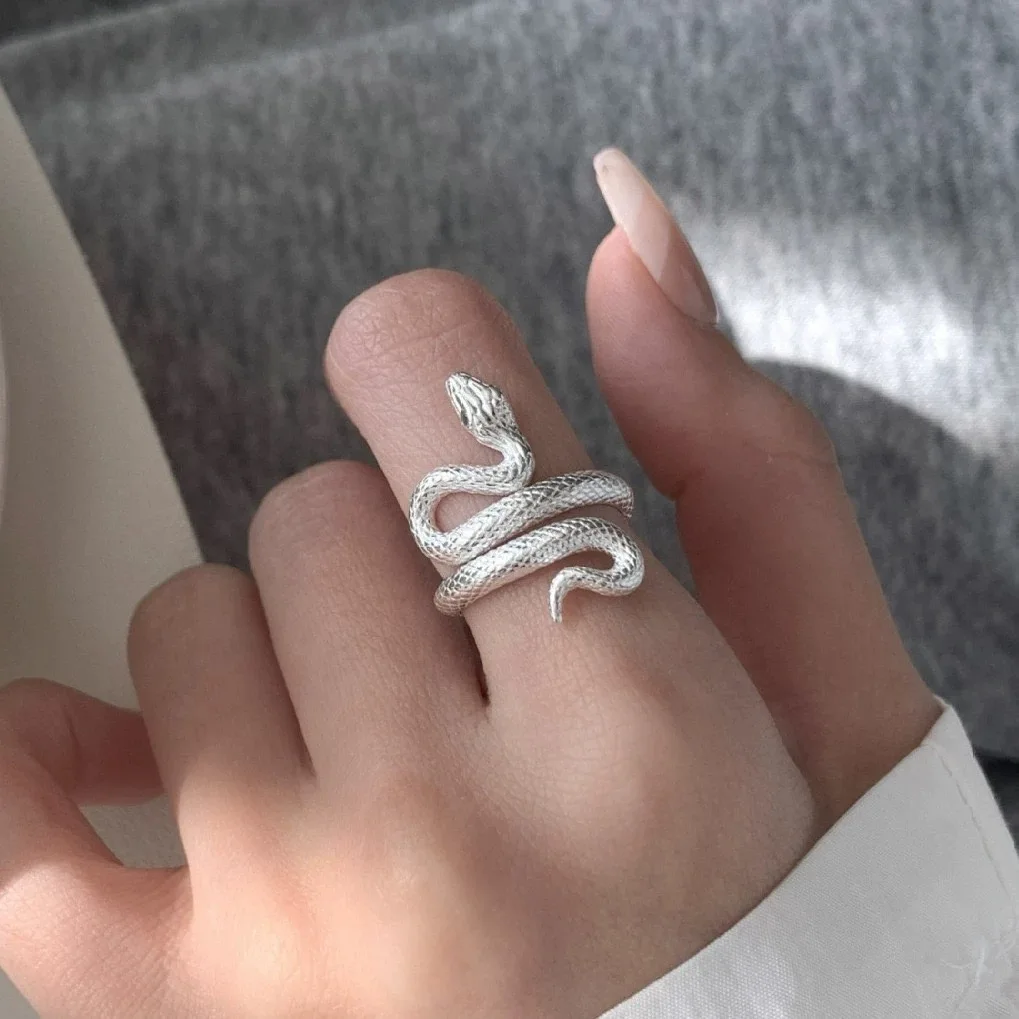925 Sterling Silver Rings For Women Vintage Handmade Adjustable Snake Shape Ring Fashion Band Female Bijoux Gift