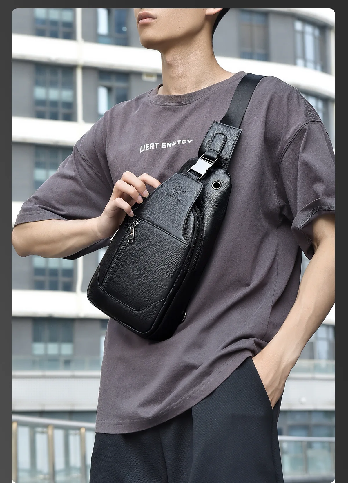 

Мужская высококачественная деловая сумка на одно плечо из натуральной кожи с узором личи, многофункциональная нагрудная сумка, большая вместимость