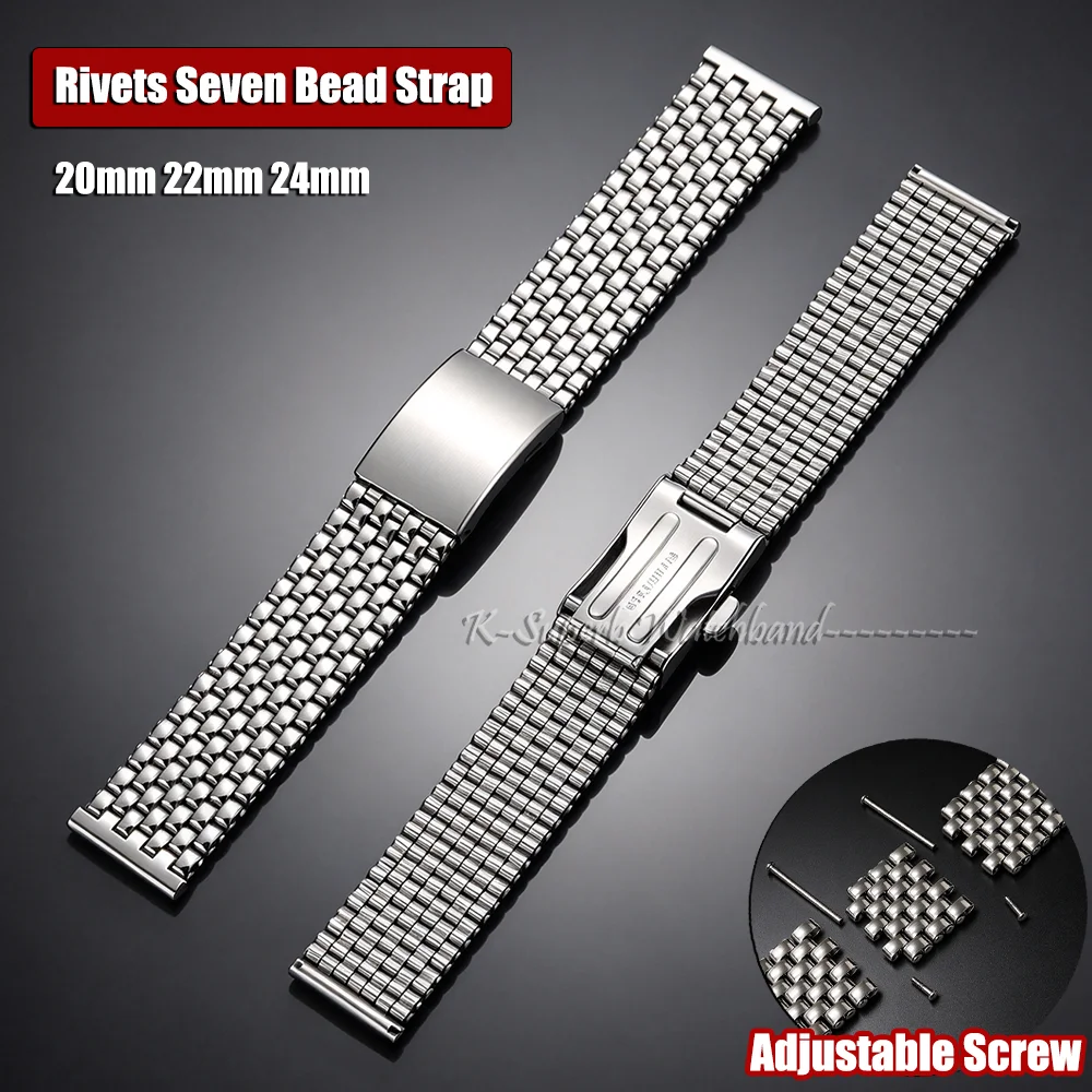 New Riveted Watch Straps for Tissot 20/22/24mm Universal Seven-bead Steel Watchband Folding Clasp Detachable Adjustable Bracelet