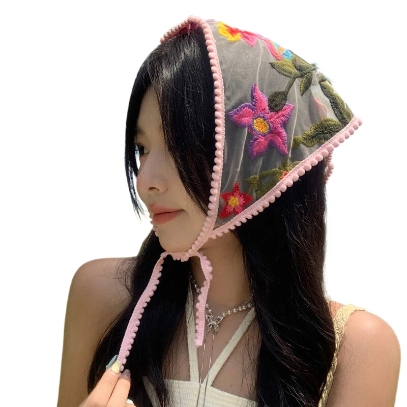 Bandeau à cheveux brodé de fleurs, foulard en dentelle, bandana bohème, écharpe triangle, nouveau