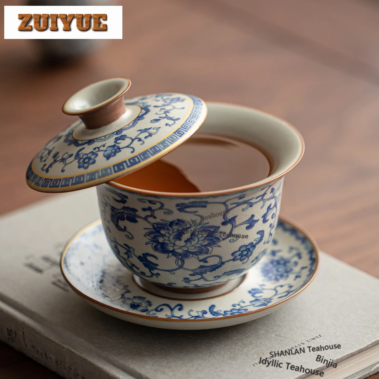 210ml Ru Kiln Interlock Branch Lotus Decoration Gaiwan Creative Tea Tureen Tea Bowl With Lid Kit Tea Making Cover Bowl Drinkware