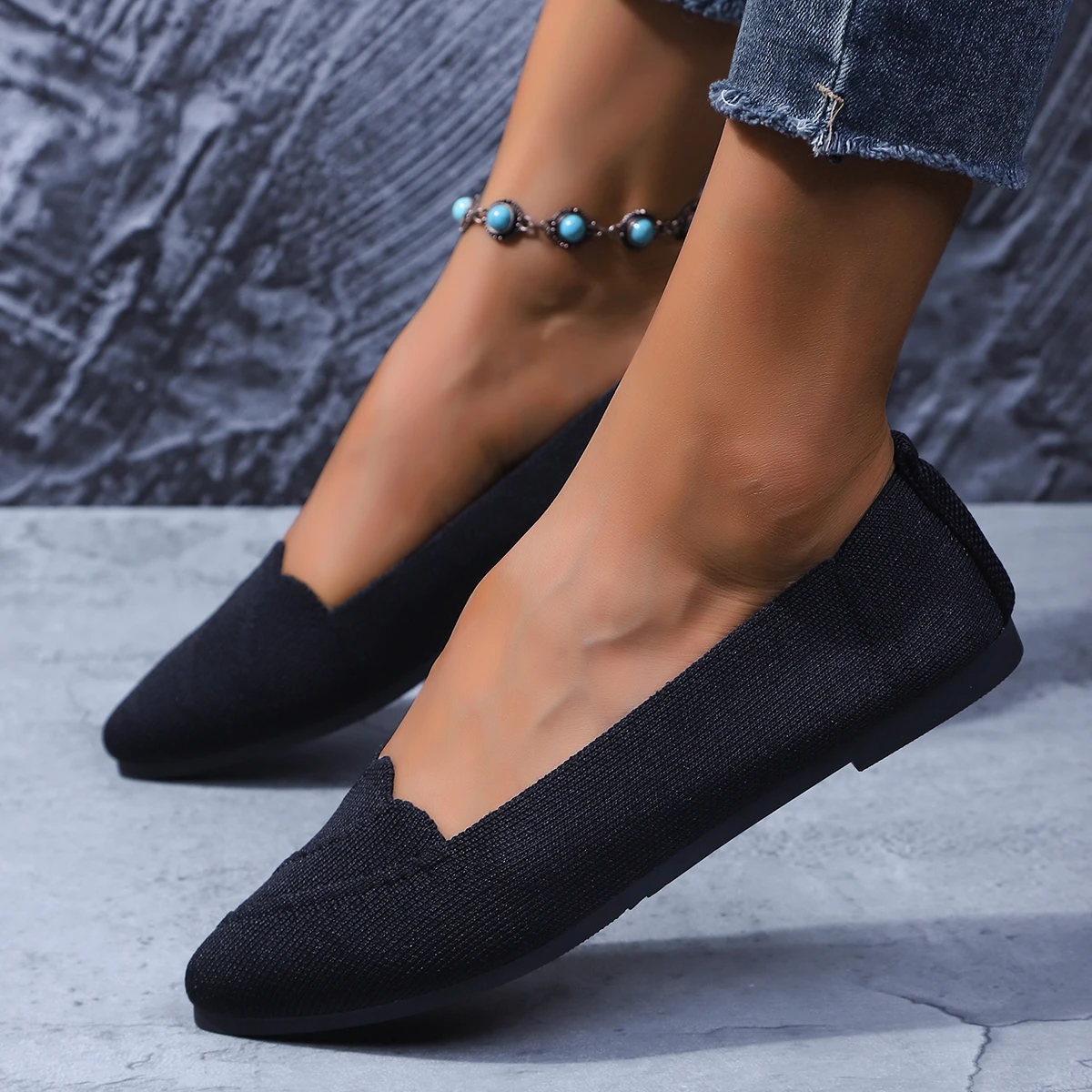 Women's Casual Flat Knitted Hollow Out Work Shoes Pure Color Pointed Toe Breathable Slip-On Shoes Comfortable Summer Shoes
