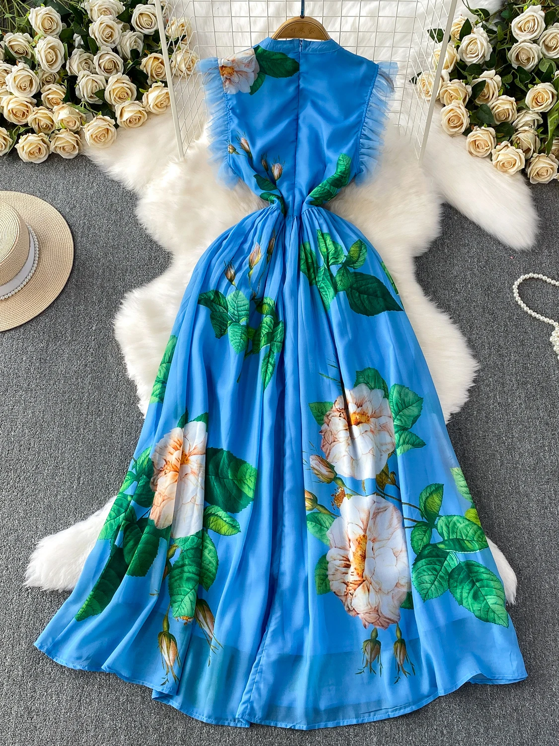 Vestido de Verano con Cuello Redondo y Estampado para Mujer, Manga con Volantes, Cintura Alta, Falda en Línea A, Estilo Corea...