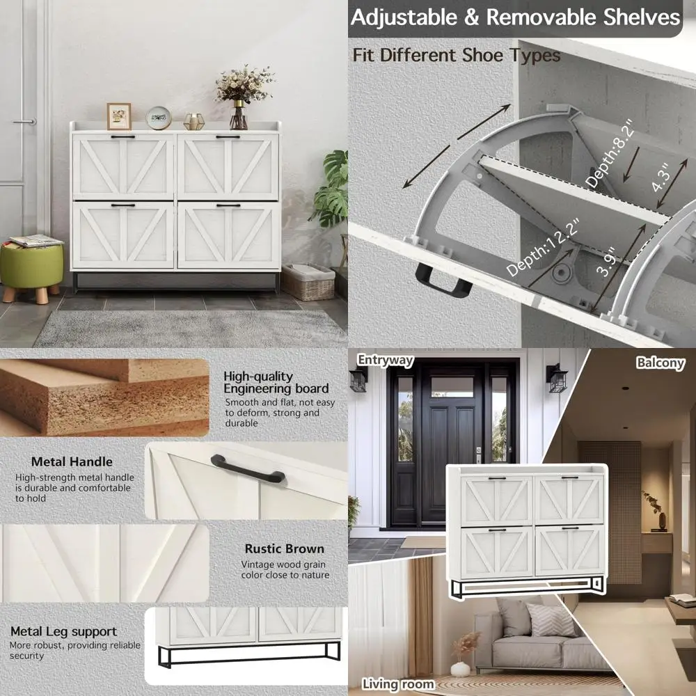 Narrow Shoe Cabinet with 4 Flip Drawers - Entryway Storage Organizer featuring Metal Leg and Slim Design