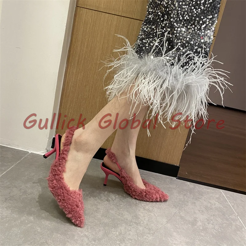 Luxury Elegant Women Stiletto Pointed Toe Wrapped Toe Lamb Hair Plush Back Strap Sandals Spring Dress Party Grace Women Shoes