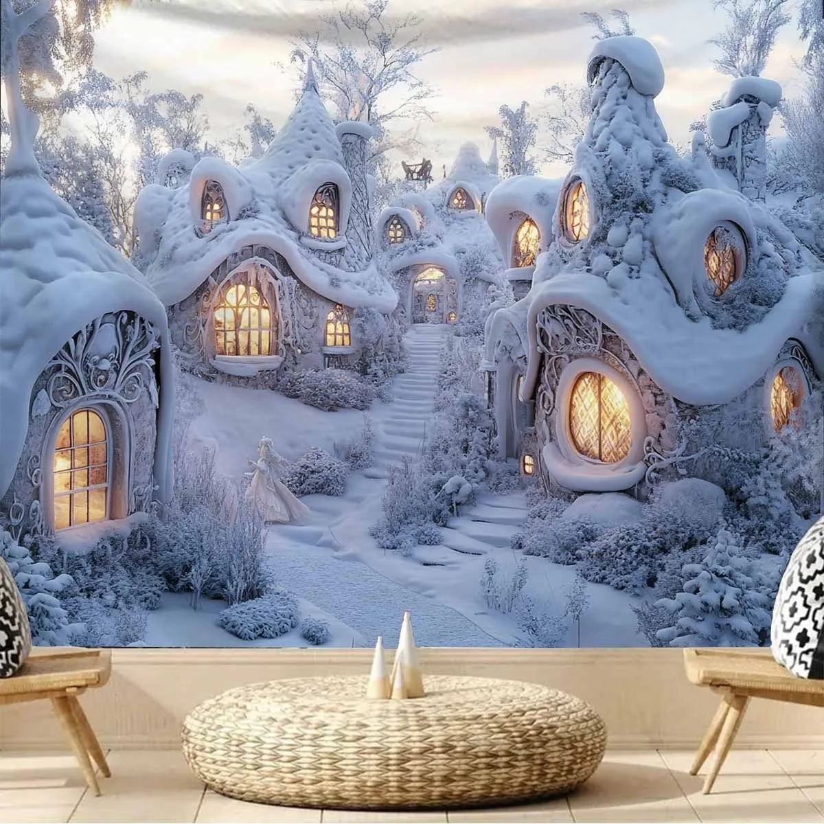 2D Flat, Winter Wonderland Christmas Town Snow Tapestry & Flannel Blanket Wall Hanging - Horizontal Snowy Landscape with Cozy Ho