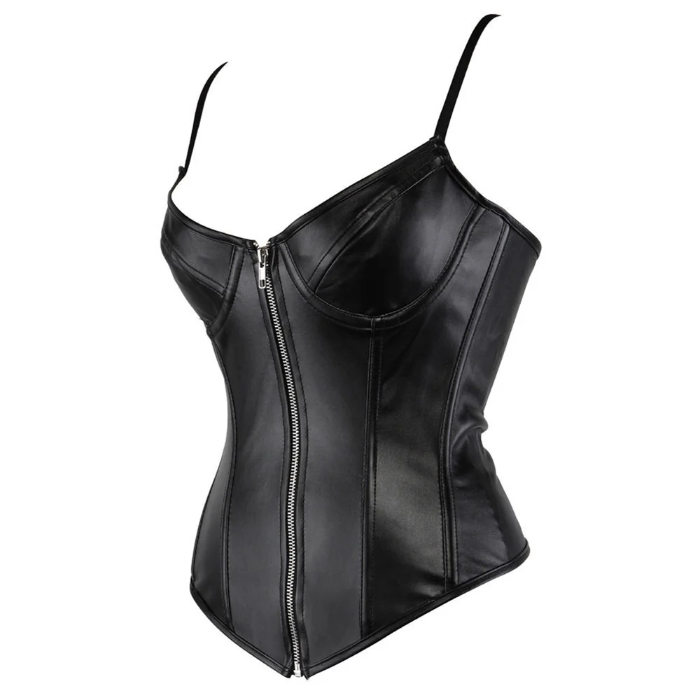 Sexy Black PU Faux Leather Bustier Corsets Top Steampunk Women\'s Zipper Front Body Shaper Straps Overbust Corset