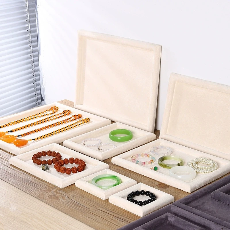 Elegant Beige Velvet Jewelry Display Tray Necklace Bracelet Earrings Ring Storage Viewing Trays Counter Jewellery Showcase Props