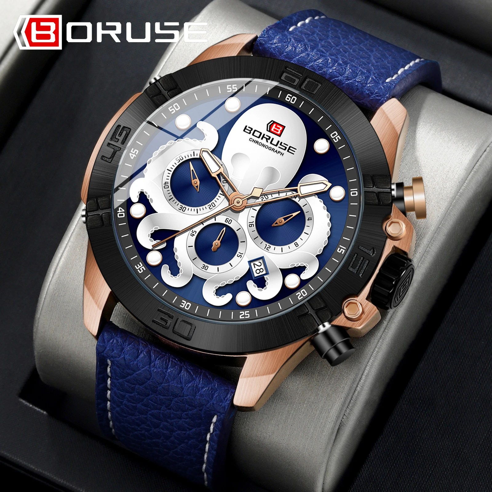 

Smart Octopus! BORUSE High-end Waterproof Leather Watch, Men's Luminous Quartz Watch, Full Personality Casual Style