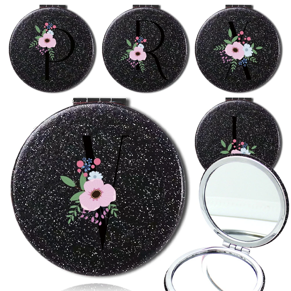 

Flash Double-Side PU Makeup Mirror Folding Cosmetic Mirror Pocket Magnify Portable Beauty Tool Flower And Black Letter Pattern