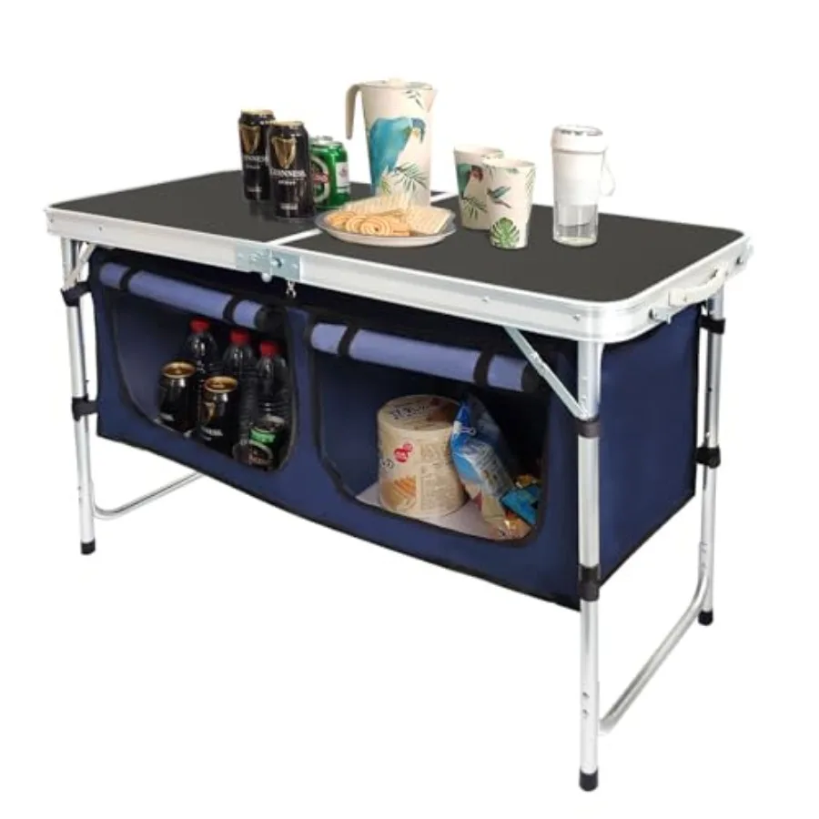 Outdoor Folding Table Aluminum Lightweight Height Adjustable with Storage Organizer for BBQ Party Camping