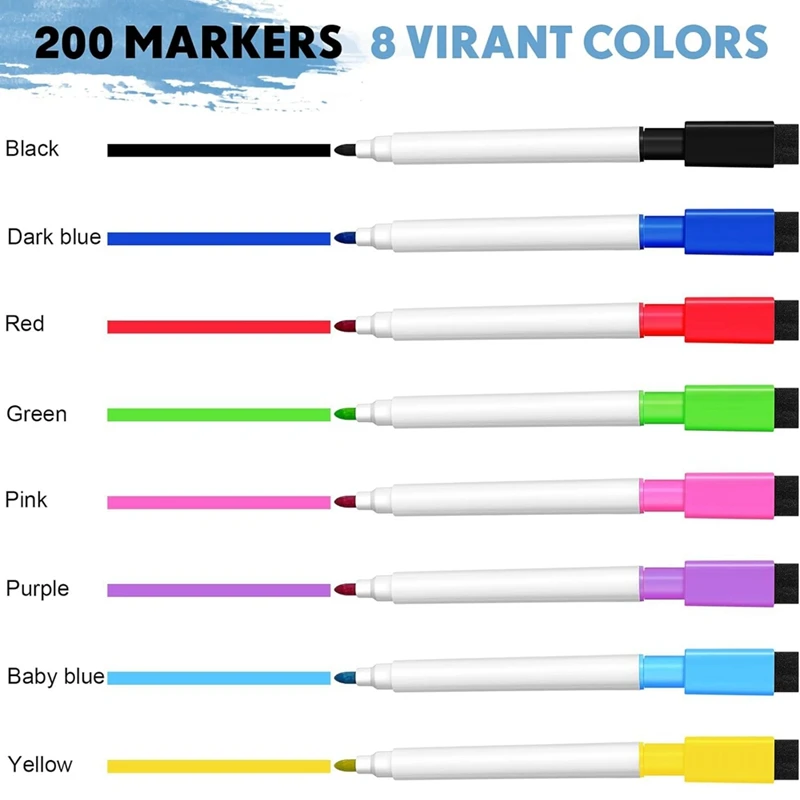Dry Apagar marcadores magnéticos com Eraser Cap, ponta fina, Whiteboard marcadores, escola, escritório, casa, 200 pcs