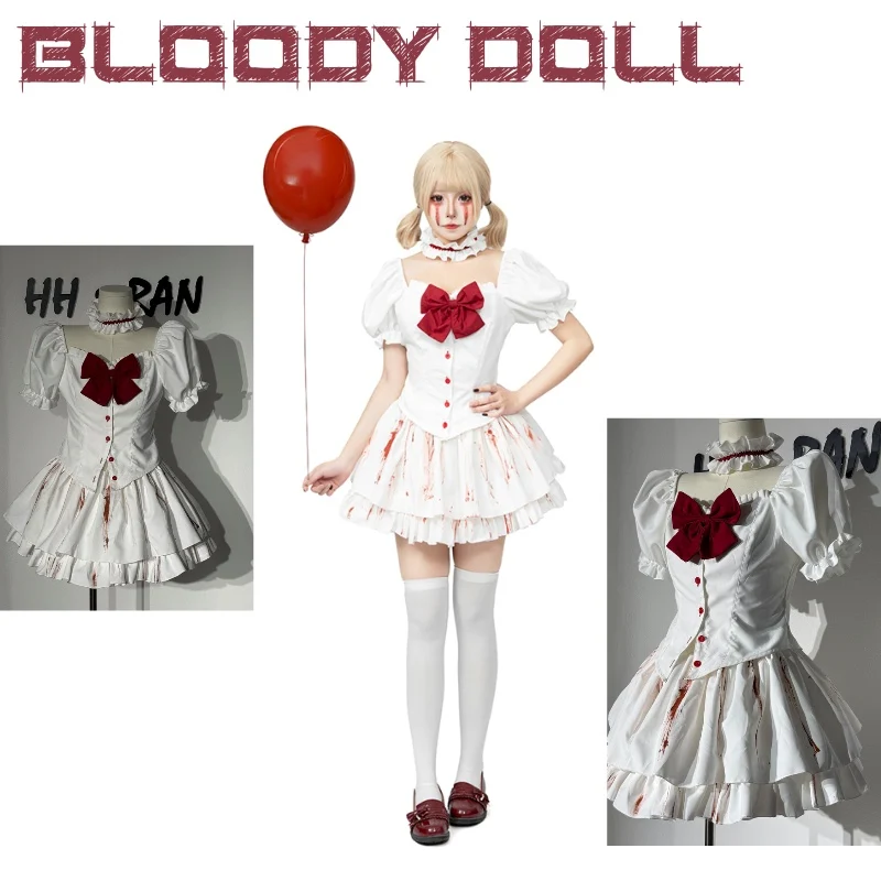 

2025 Halloween New Gothic Bloody Doll Stage Performance Costumes Lolita Maid With White Cute Dress Cosplay Costume Full Of Suit