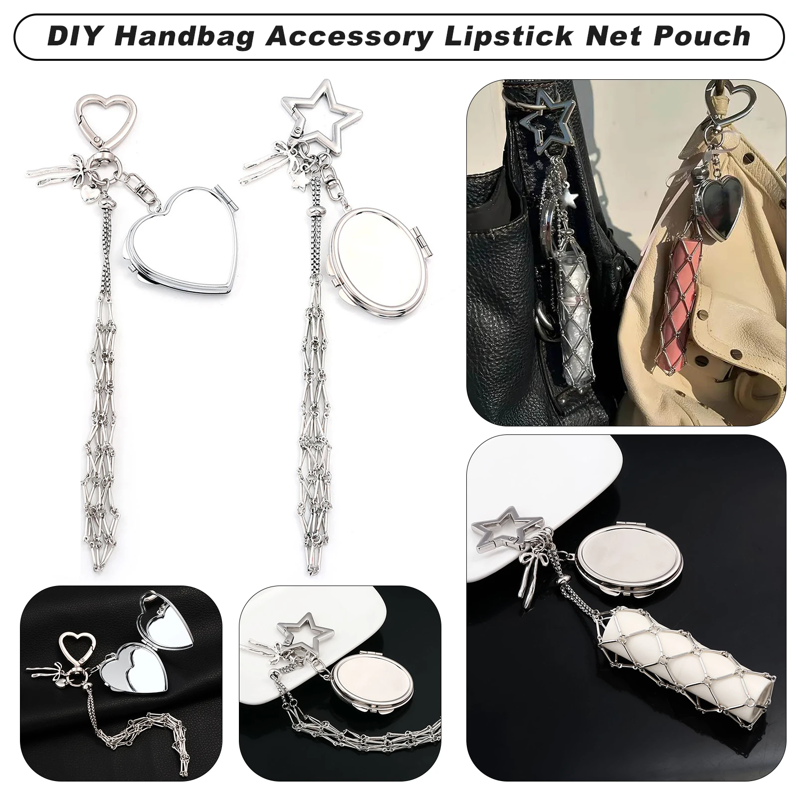 

Портативный металлический сетчатый чехол для помады с компактным зеркалом, корейский креативный сетчатый чехол для помады, брелок, женский кулон Y2K, аксессуары