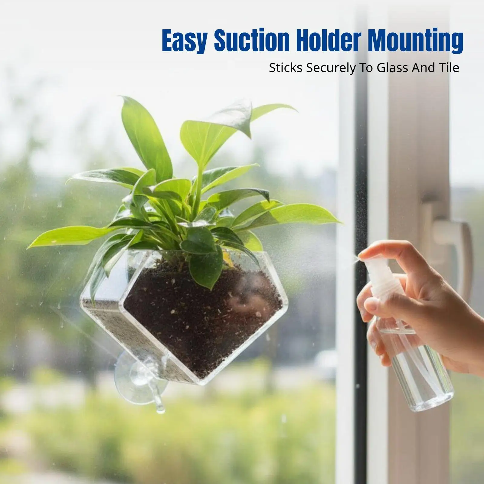Square Acrylic Planter with Built-in Drainage Suction Holder Flower Pot for Indoor Houseplant Shelf Setup