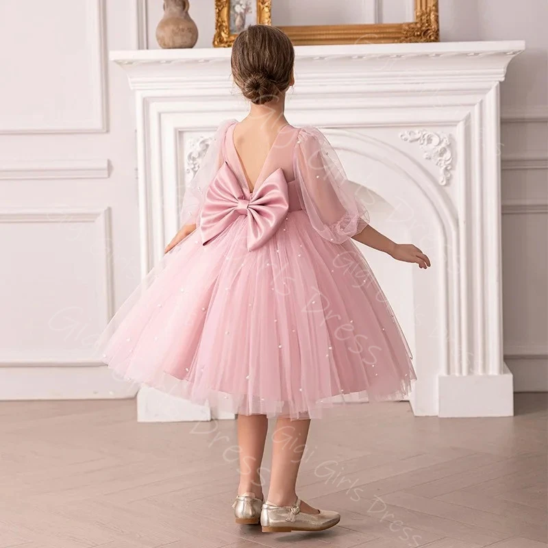 Vestido de princesa rosa polvoriento con flores para niña, vestido de fiesta de boda de tul hasta la rodilla, vestido de cumpleaños personalizado para niños con perlas