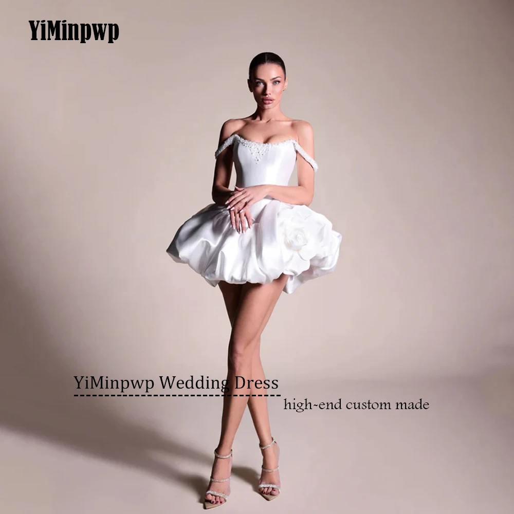 Bloemen Satijn Kralen Trouwjurken Off Schouder A-lijn Mini Bruidsjurken Voor Vrouwen Aangepaste Boven De Knie Robe De Mariée 2025