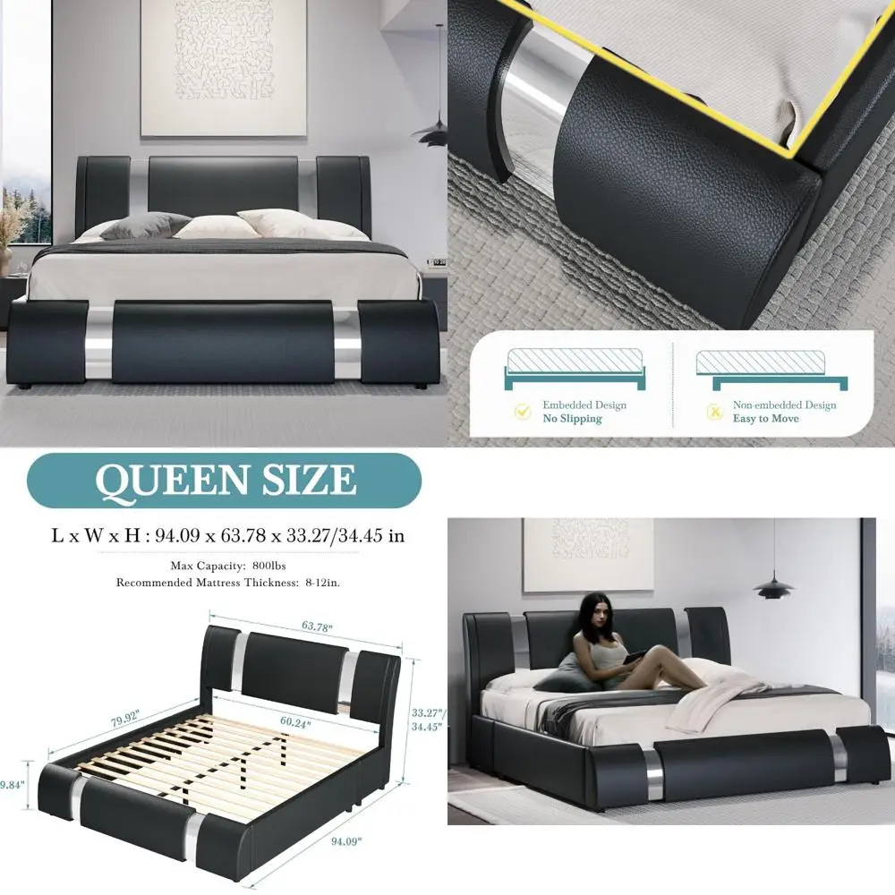 

HOOMIC Modern Queen Каркас кровати из искусственной кожи с декором из железных предметов, низкопрофильная кровать-платформа с регулируемым по высоте изголовьем, So