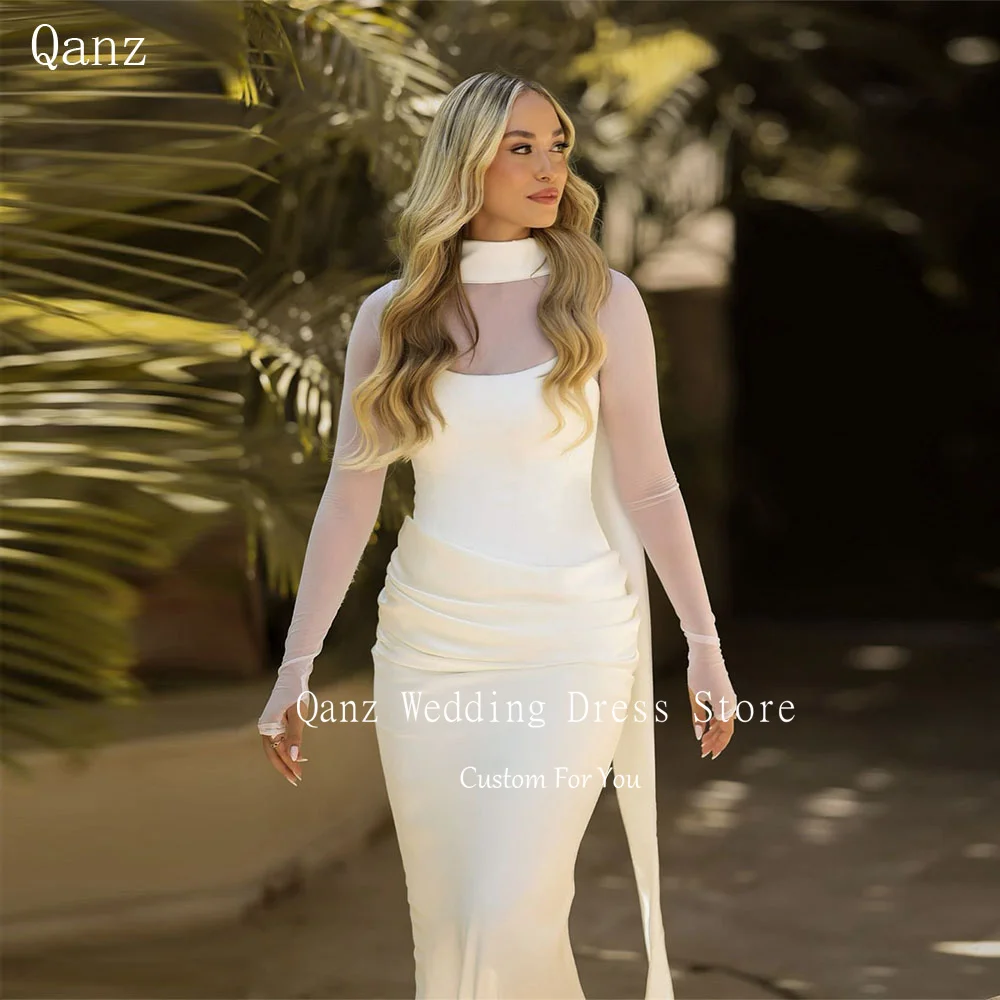 Qanz Elegant Mermaid Wedding Dresses For Women Sheer Long Sleeves 2 Pieces Satin Vestido De Noiva Robe De Mariée Customized