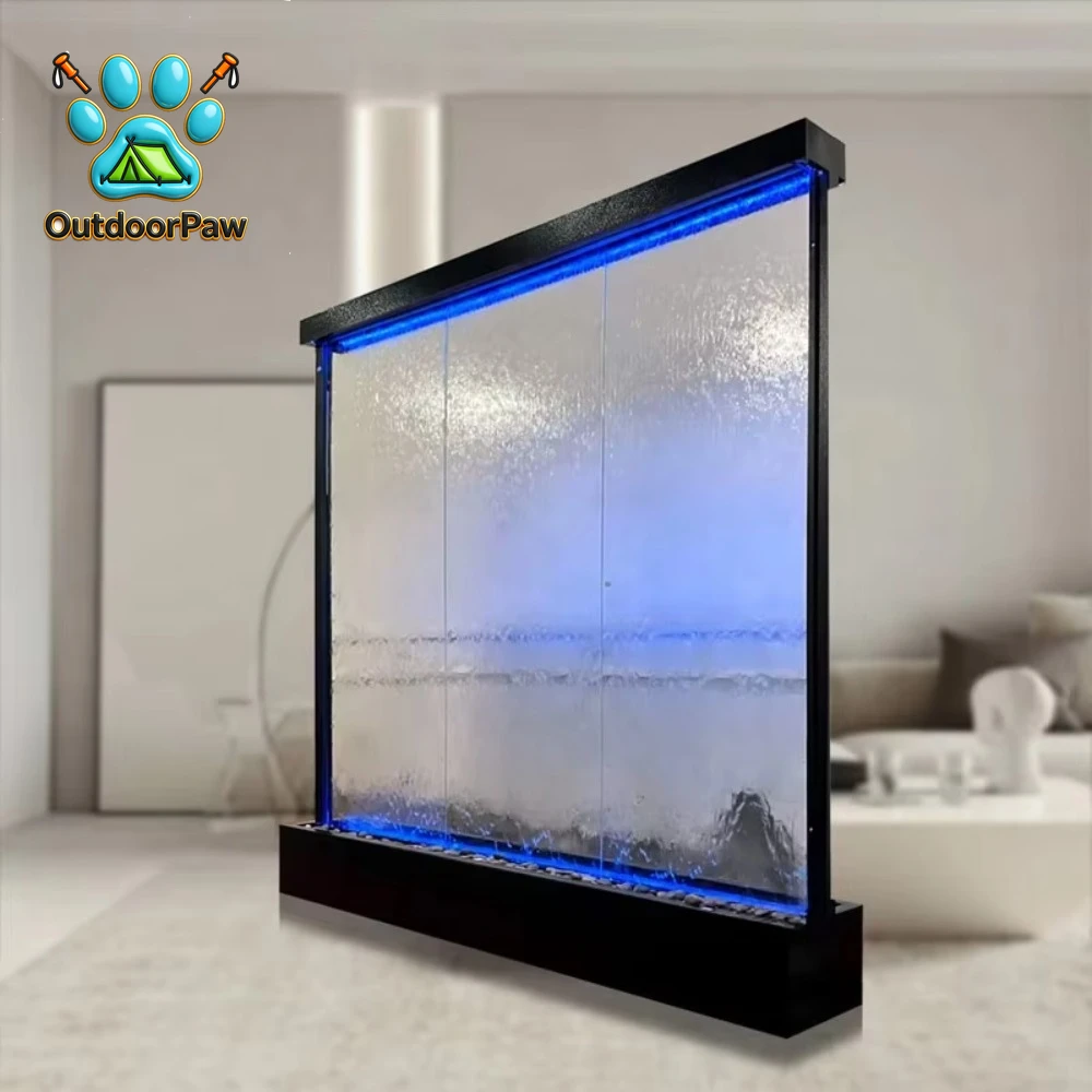 Modern glass waterfall wall with LED removable water wall fountain for use as house waterfall and room divider
