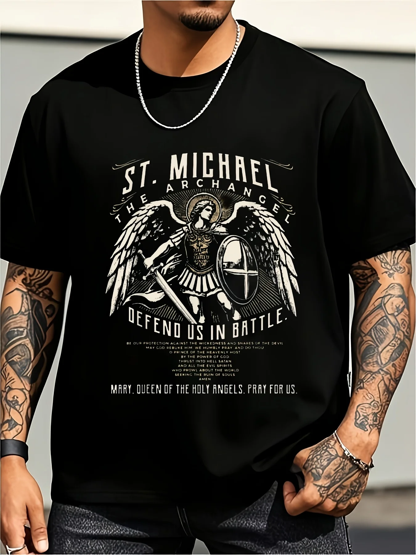 Saint Michael the Archangel Prayer Catholic Christian T-Shirt Large Size Vintage Casual Round Neck Printed T-Shirt Unisex, Plus Size