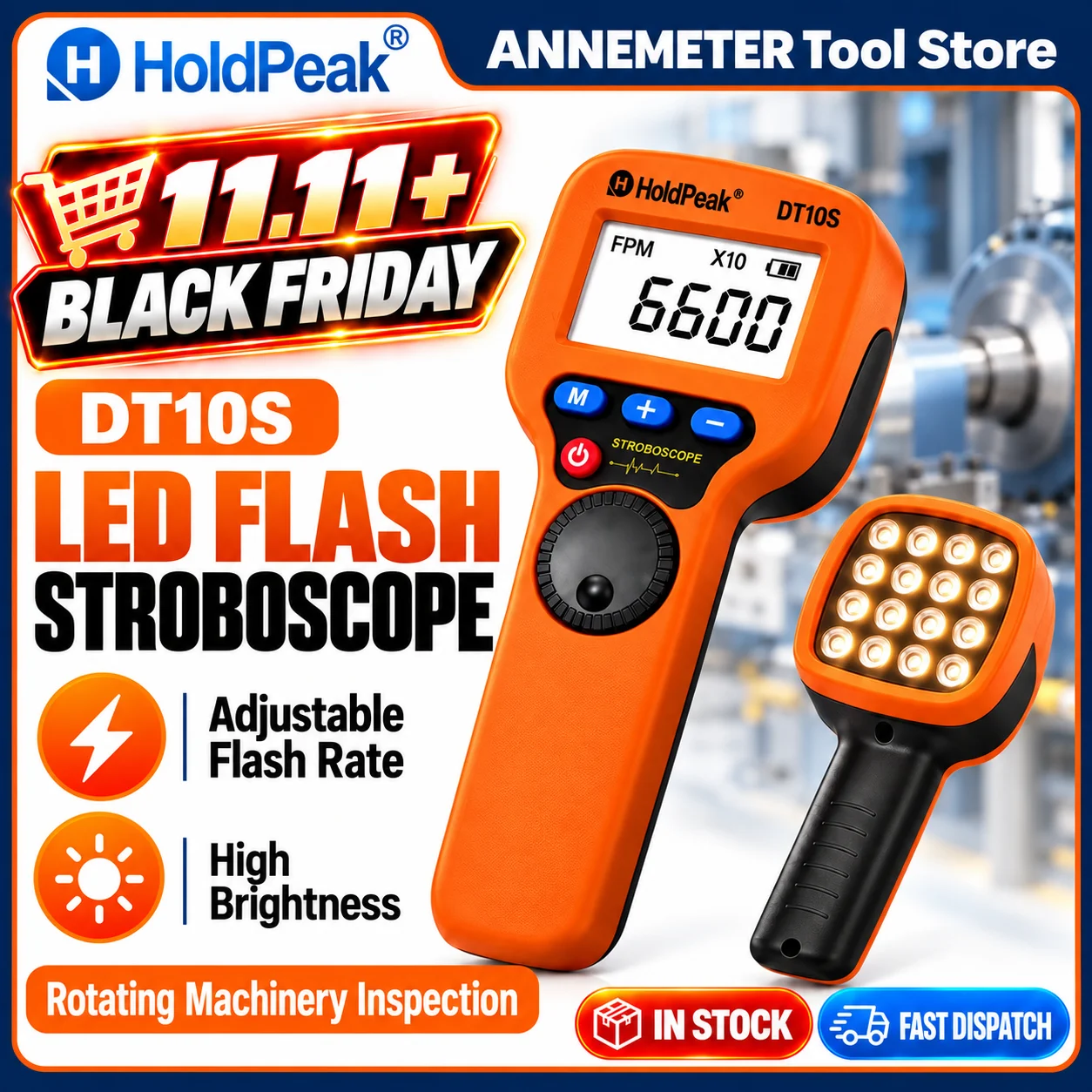 Non-Contact Stroboscope Tachometer 60-99,999 RPM, Handheld Strobe Light Speed Analyzer Measure Hz Velocity Motor Engine