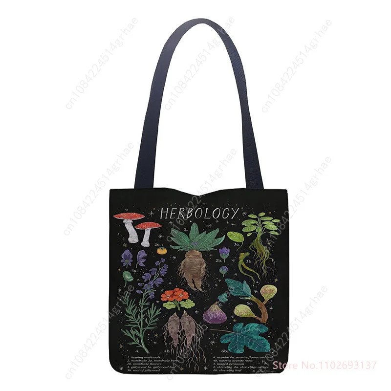 Tas Jinjing Motif Jamur Tas Belanja Bahu Kain Katun Hitam Tas Tangan Wanita Kartun Lucu Tas Belanja Dapat Digunakan Kembali Ramah Lingkungan Dapat Dilipat