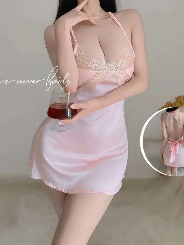 Ijs Zijde Hollow Out Nachtjapon Vrouwen Sexy Verleiding Kant Nacht Jurk Vrouwelijke Schoonheid Terug Bandage Nachtkleding Jarretel Jurk CFG3