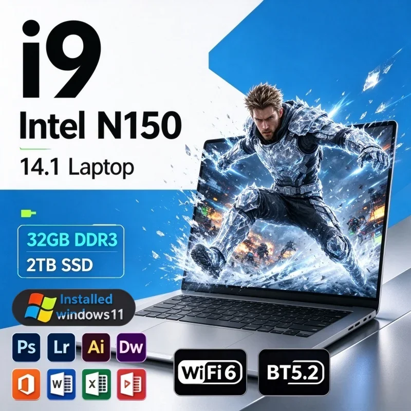 New Hot 2026 14.1'' Ultra Thin Portable Notebook Intel N150 16/32GB RAM 2TB SSD Win11 Office Student Laptop