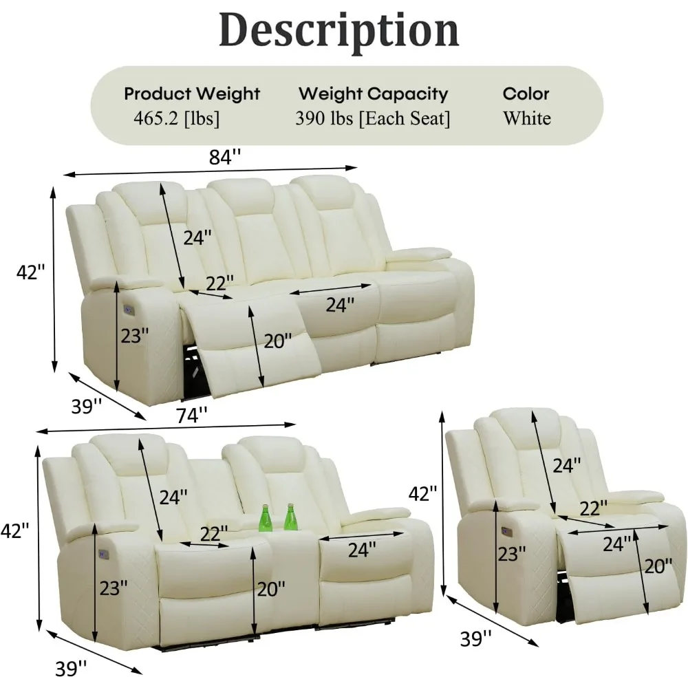 Power Recliner Sofa Set with LED Lights,Leather Reclining Sofa with USB Port/Wireless Charger/Storage Console/Cup Holder,Creamy)