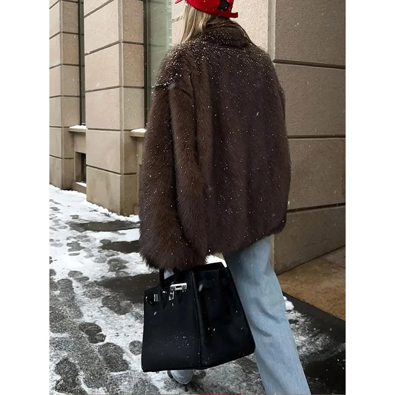 2024 Winter new fashion brown fluffy fur coat women luxury big fur collar faux fox fur jacket female high street warm outwear