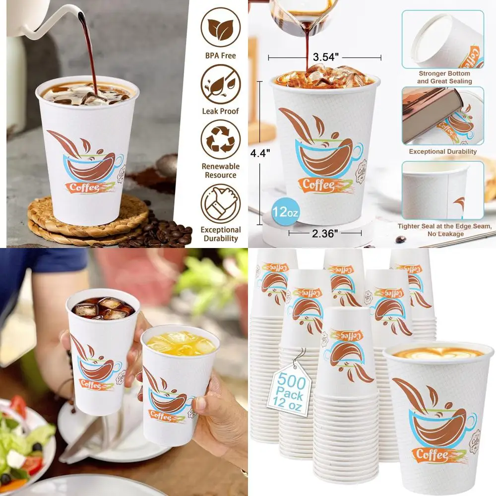 

500 Pack 12 oz Insulated Disposable Coffee Cups - Leakproof for Hot & Cold Beverages, Ideal for Cafe, Office, Home Use