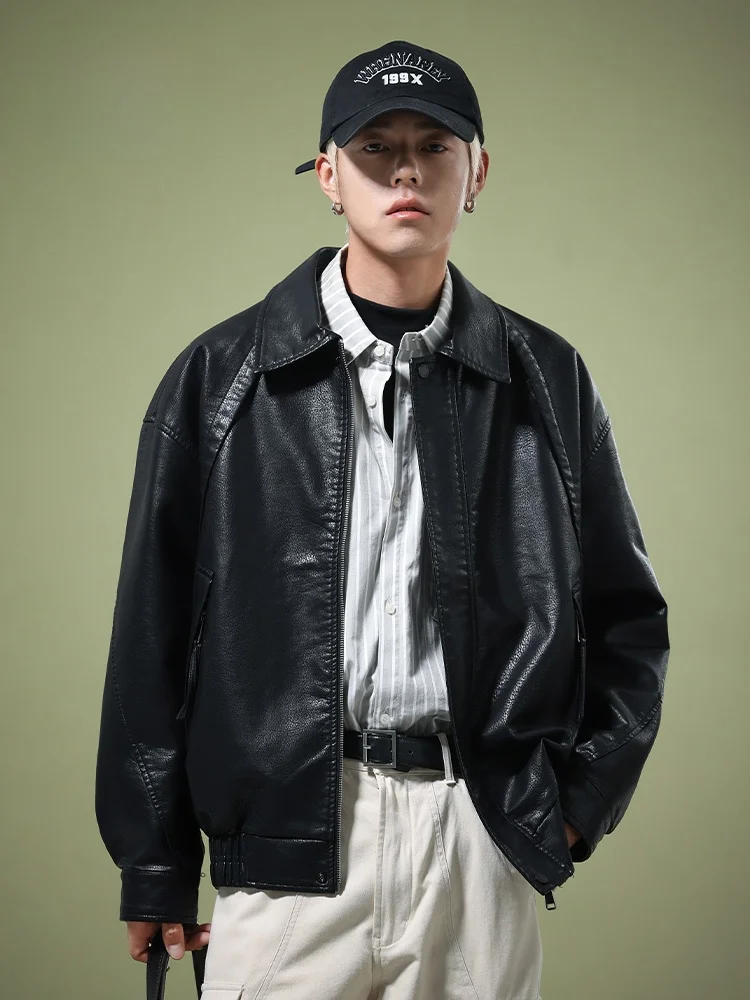 

Мужская кожаная куртка American Sle с высоким воротником, модная, уличная, осенне-зимняя, черная, мотоциклетная, свободного кроя, из воловьей кожи