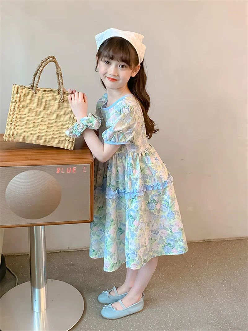 Girls Ruff Dress Summer Children Fashion Lantern Sleeve Print Round Collar Skirt Kids A-Line Thin Knee-Lenght Dresses 3-12 Years