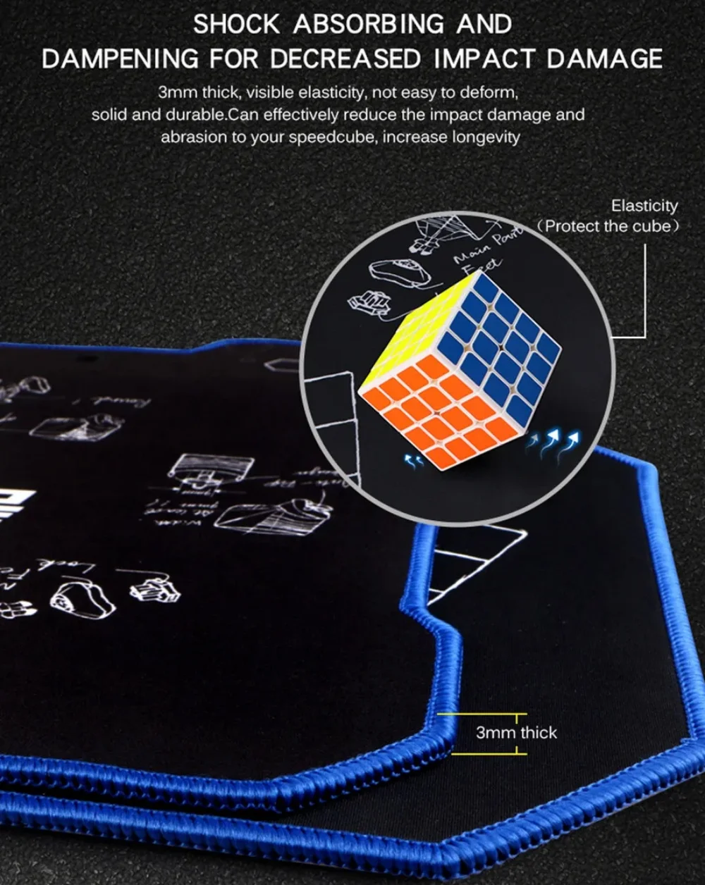 Qiyi-Speed Cube Pad Polymères, Tapis d'entraînement pour Flying Cup, Table Mouse, Noir, 800x300mm, 500x360mm