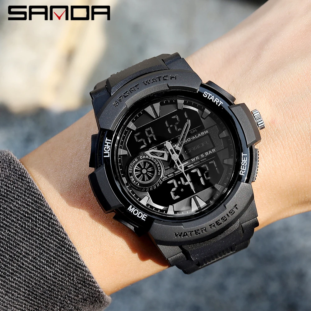 SANDA 6002 Luxury Dual Display orologi da uomo Fashion Digital Luminous 5BAR orologio da uomo sportivo al quarzo impermeabile Relogio Masculino