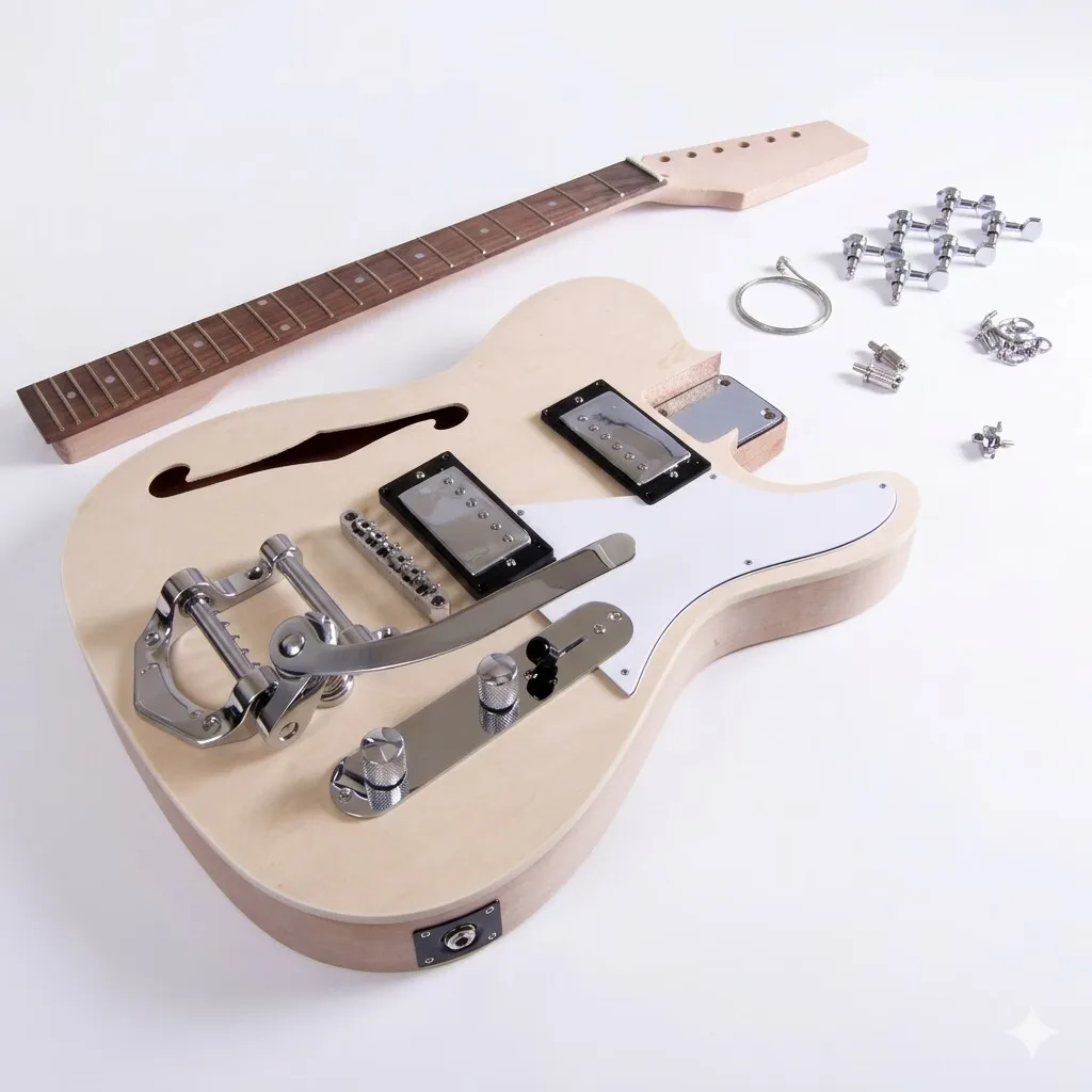 Kit de guitarra eléctrica DIY, cuerpo semihueco, Perno de agujero F en el cuello de caoba, Thinline Deluxe