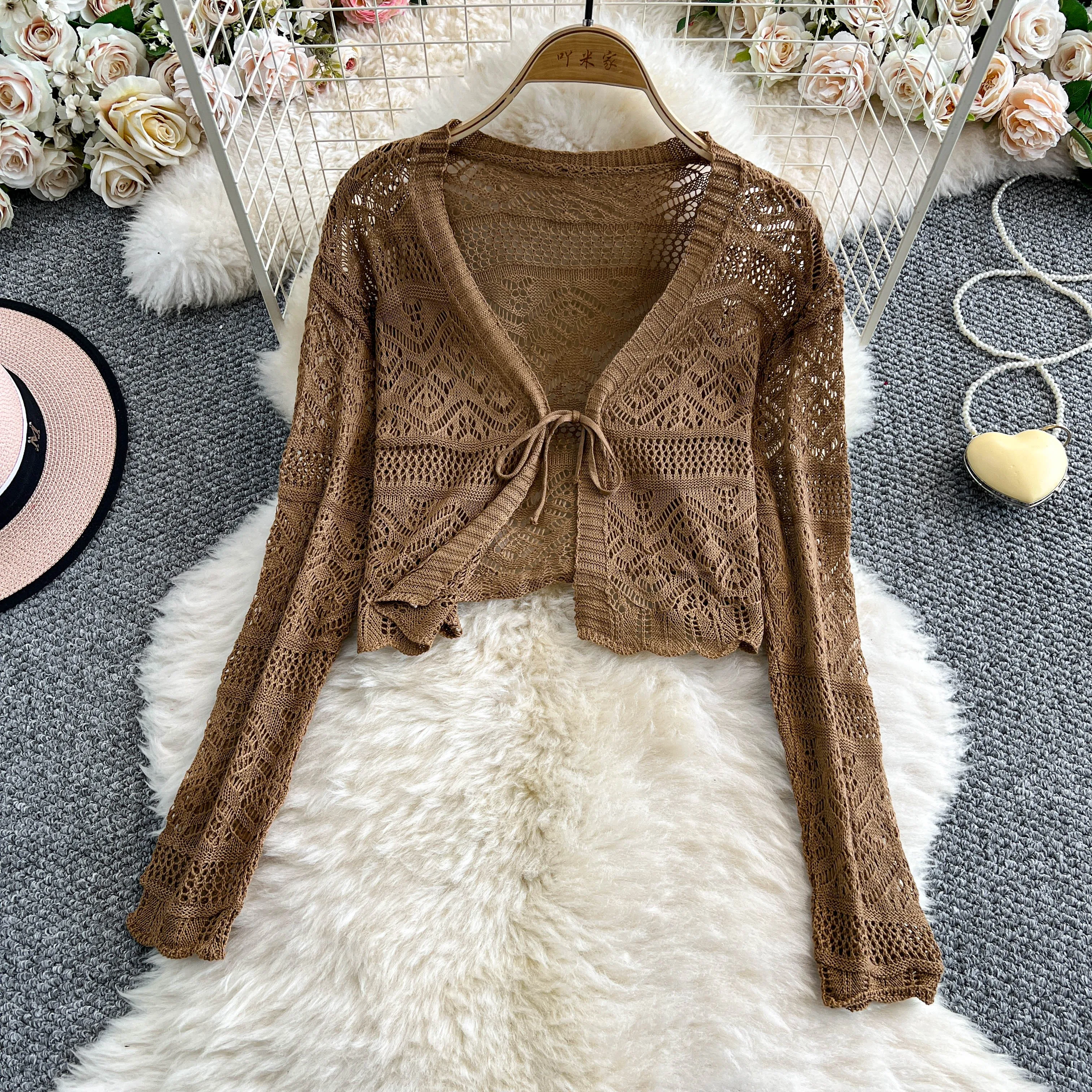 Women Tie Front Crop Cardigan Sheer Openwork Crochet Knit Top Lightweight Bolero Sweater Summer Fairycore Boho Chic Beach Outfit